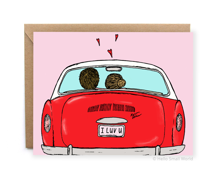 cute love anniversary card for couples boy girl in red vw karmann ghia convertible illustrated card