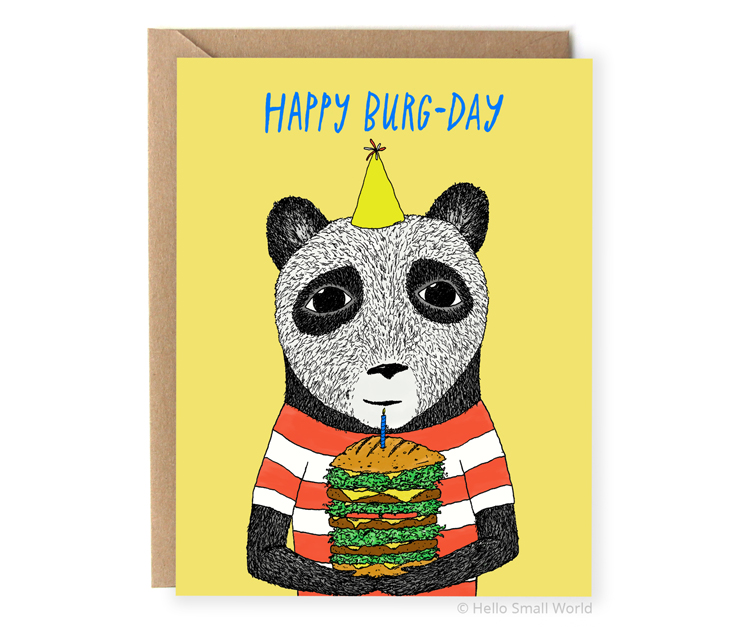 happy burg-day pun birthday card with burger panda bear