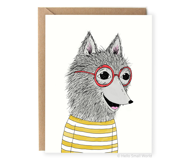 hipster wolf in clothes and glasses animal notecard illustrated blank card