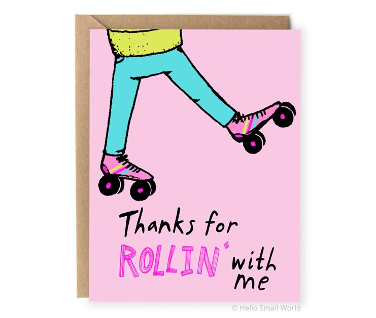 thanks for rollin with me rollerskate rollerskating pun thank you card