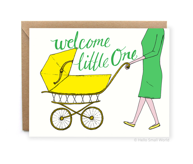 welcome little one in baby carriage gender neutral new baby card