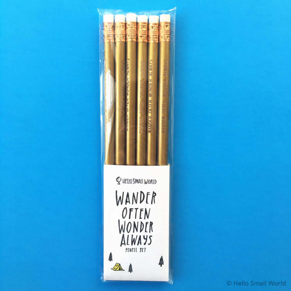 wander often wonder always gold pencils in packaging