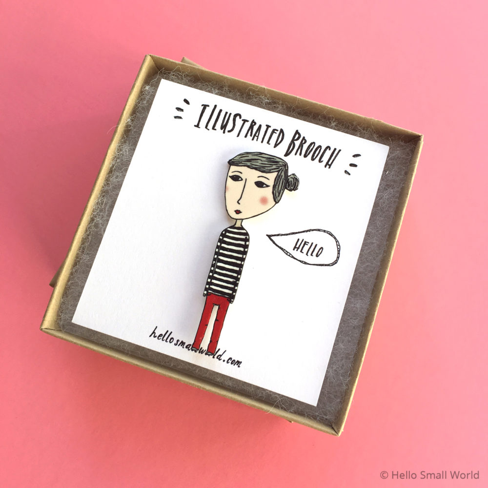 stripe girl brooch in box on pink