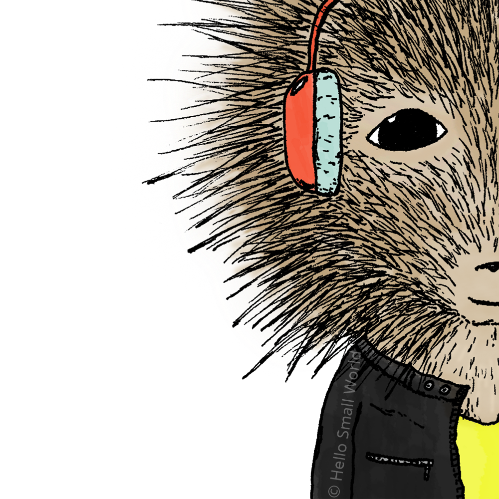porcupine wearing headphones detail