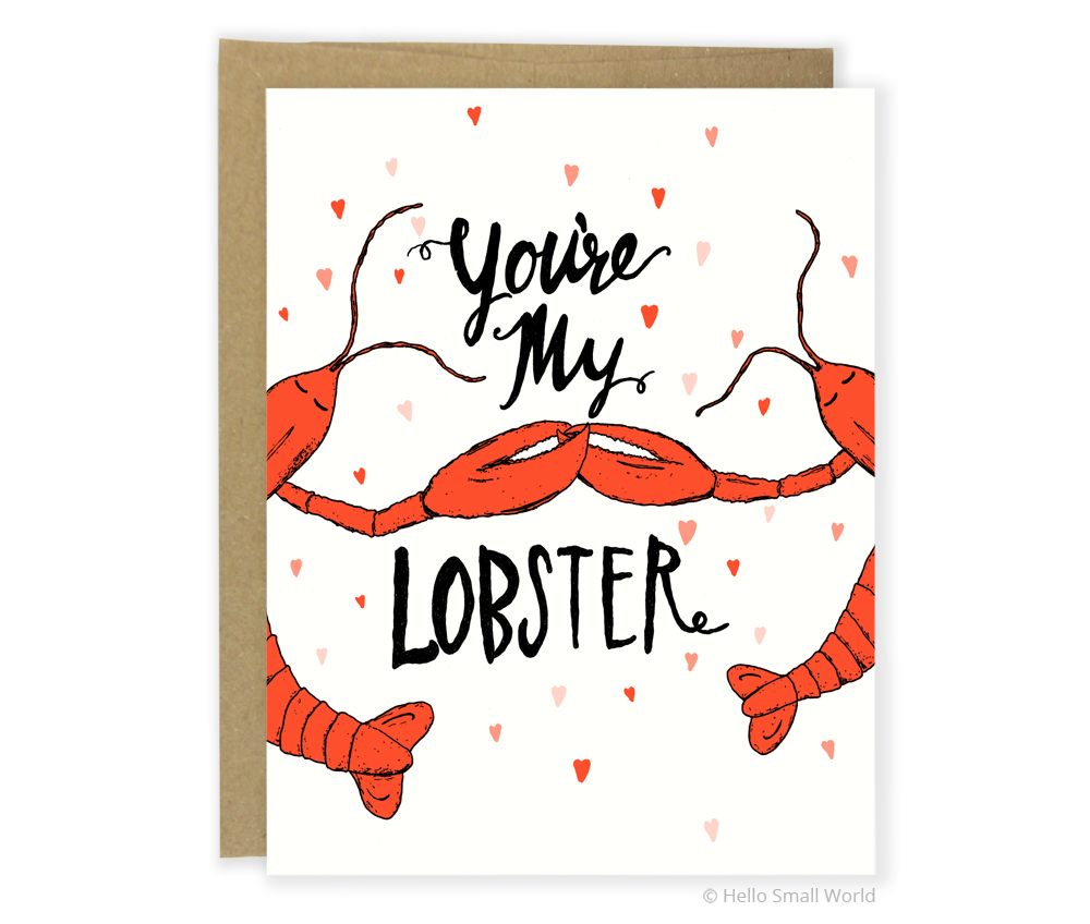 You're My Lobster card with two lobsters holding claws and hearts - Friends TV inspired card from Ross and Rachel - He's her lobster