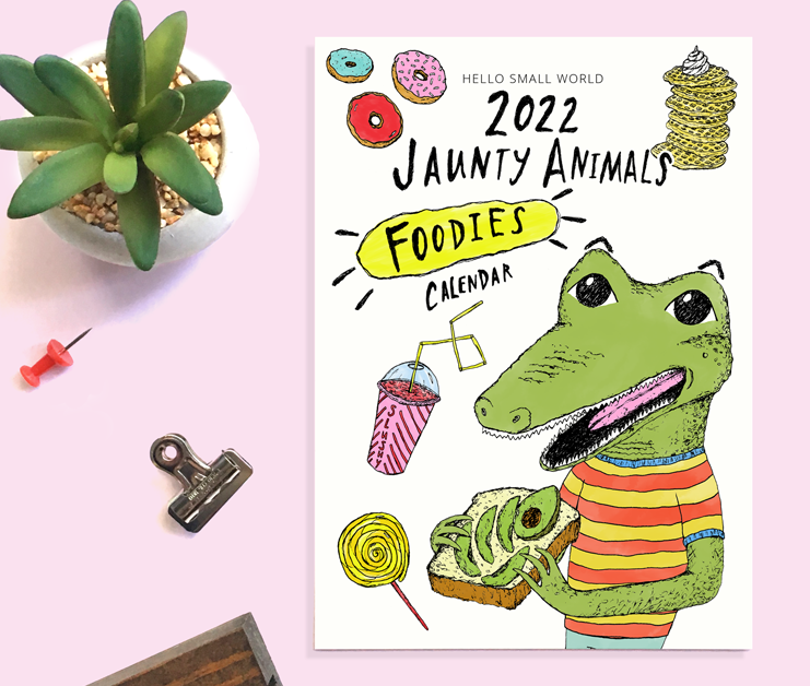 hipster foodie animal portrait 2022 calendar with an alligator eating avocado toast for foodies edition of jaunty animals by hello small world