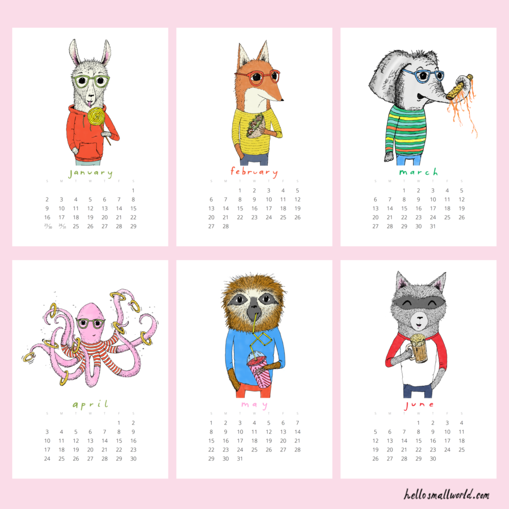 january to june 2022 pages of jaunty animals 2022 calendar for hello small world